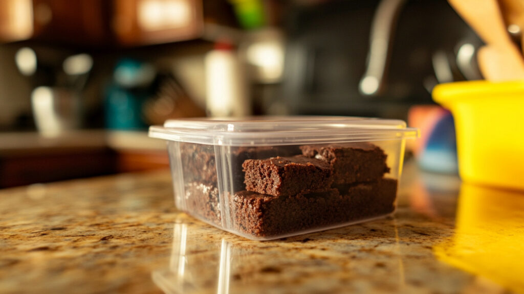 Storing brownies in an air-tight container.