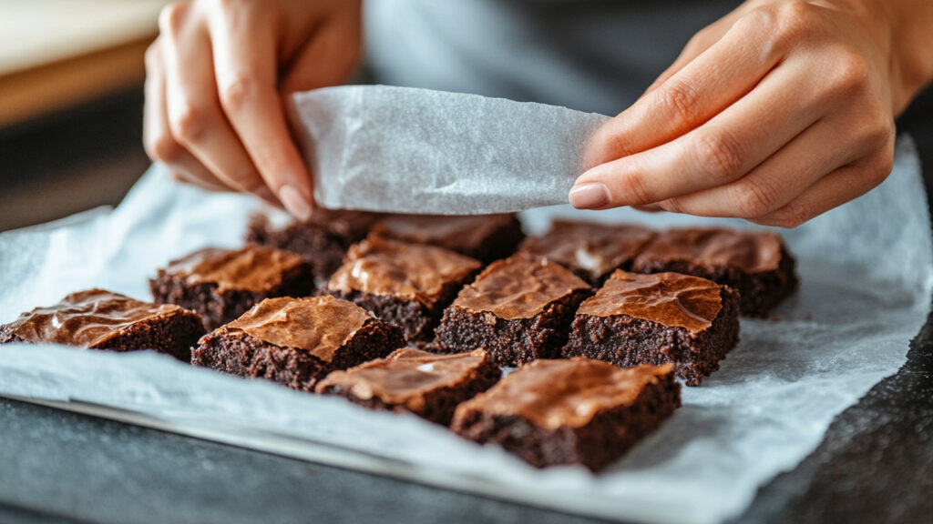 wrapping brownies in parchment paper for freezing. 