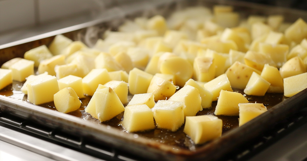 par-cooked potatoes cooling on a sheet pan