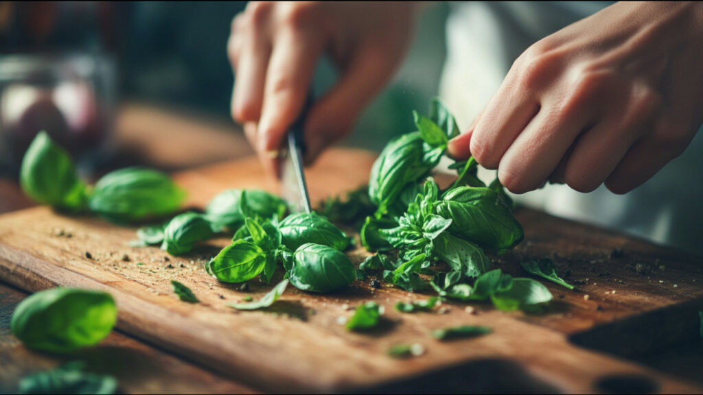 Chopping basil for storage 