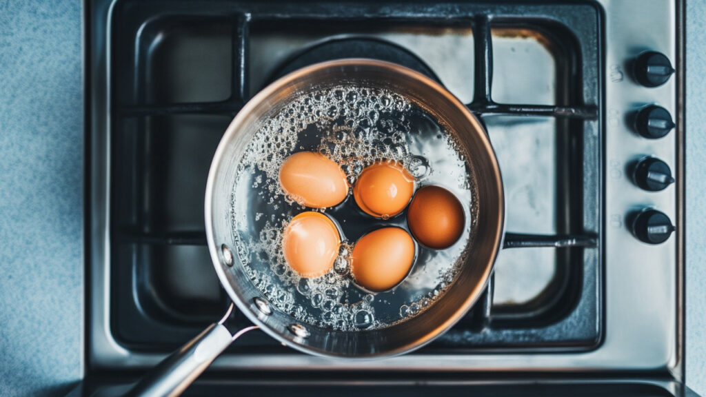 boiling eggs in a pan on the stove