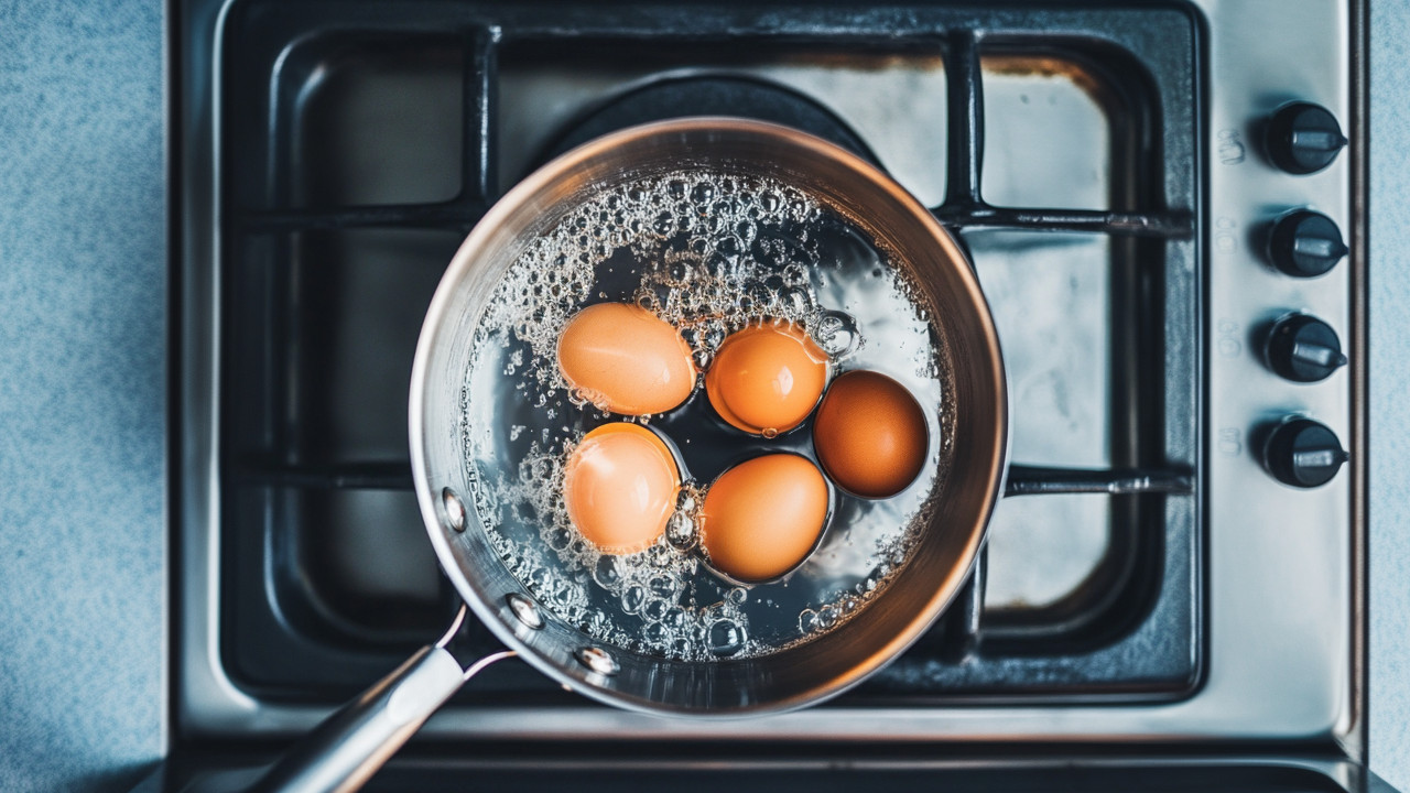 boiling eggs in a pan on the stove